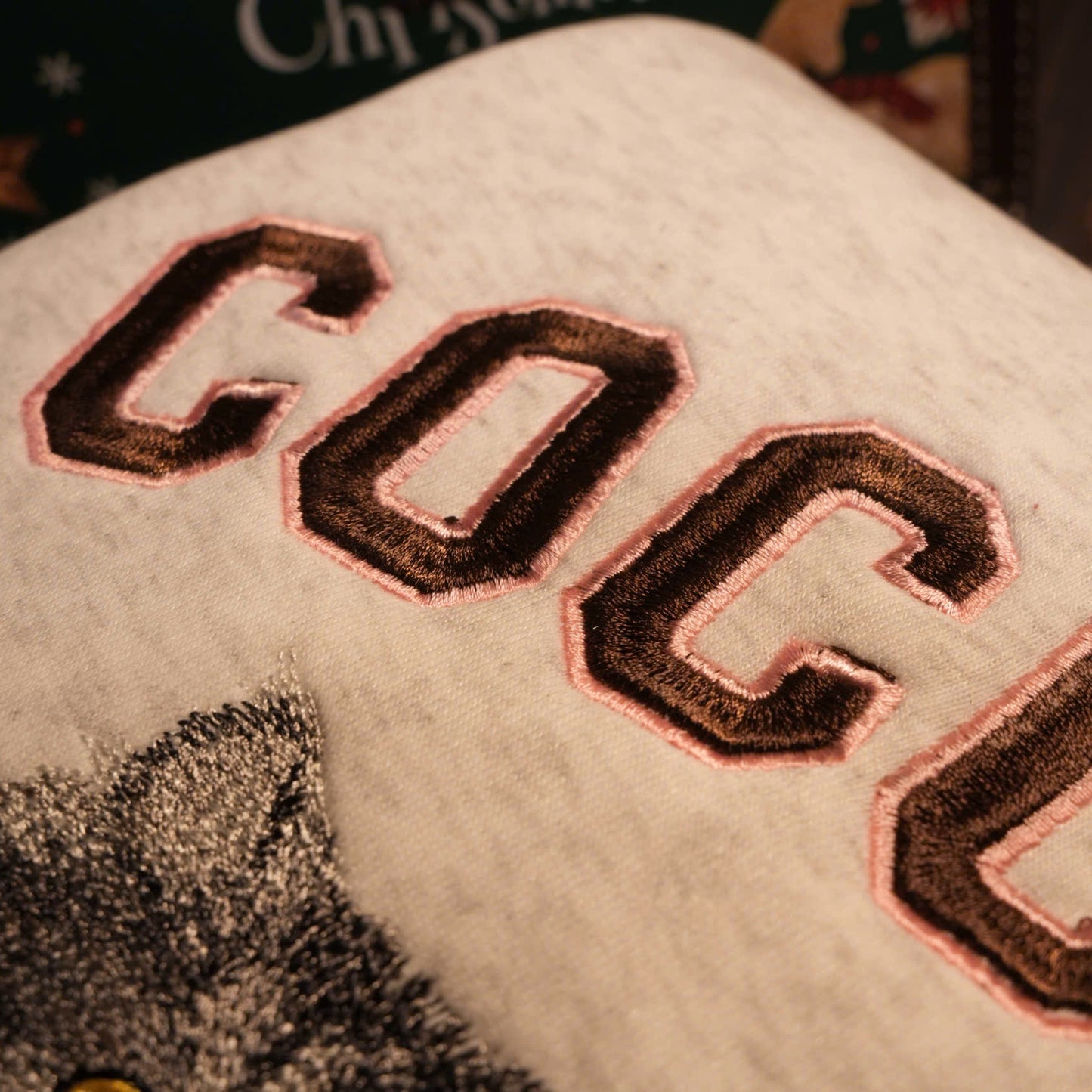 Mẫu thêu hai mặt thú cưng chi tiết chuyển thể từ ảnh+ phối chữ nổi lớn phong cách hoạt họa trên áo sweater trắng tiêu