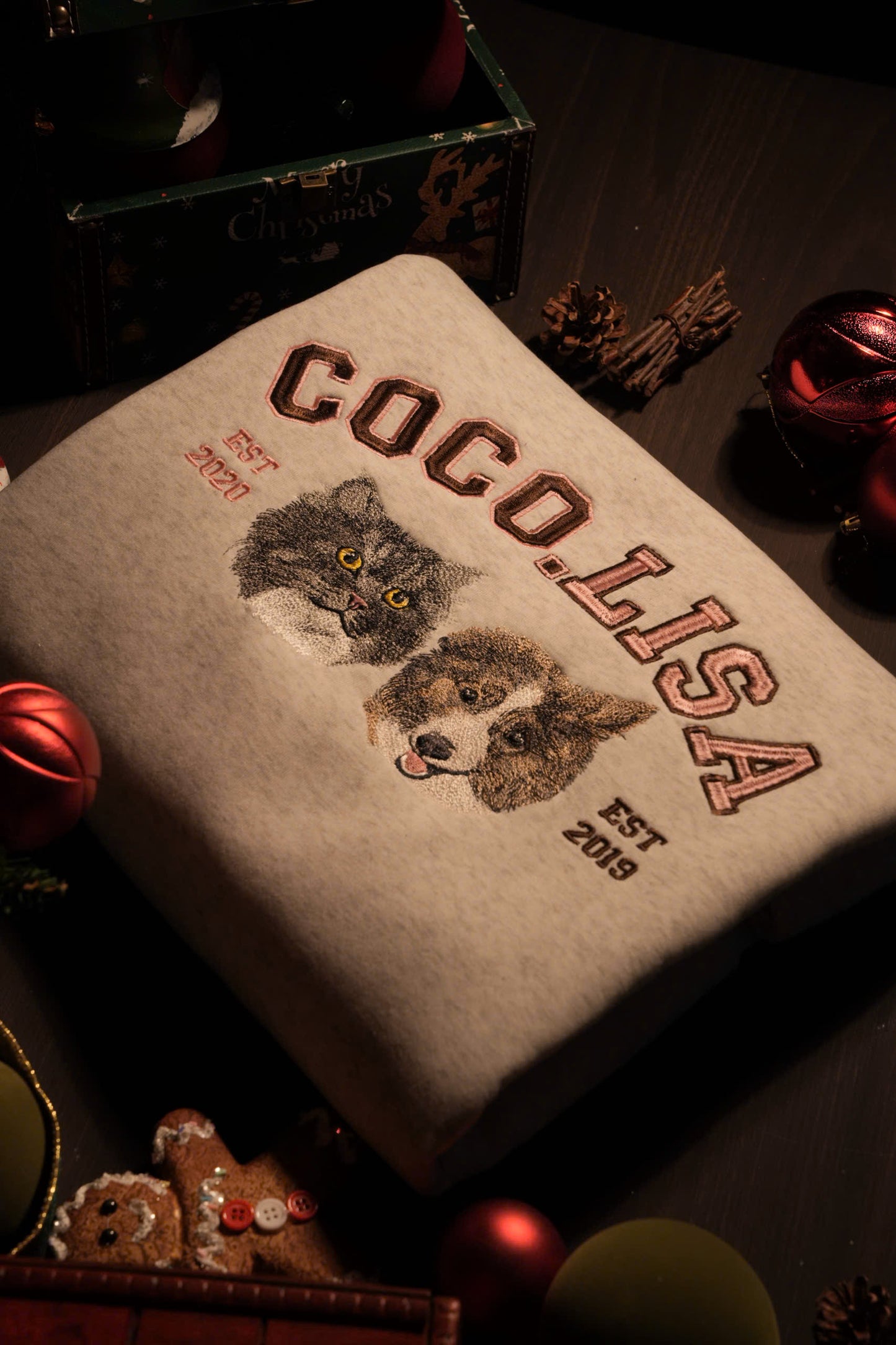 Mẫu thêu hai mặt thú cưng chi tiết chuyển thể từ ảnh+ phối chữ nổi lớn phong cách hoạt họa trên áo sweater trắng tiêu