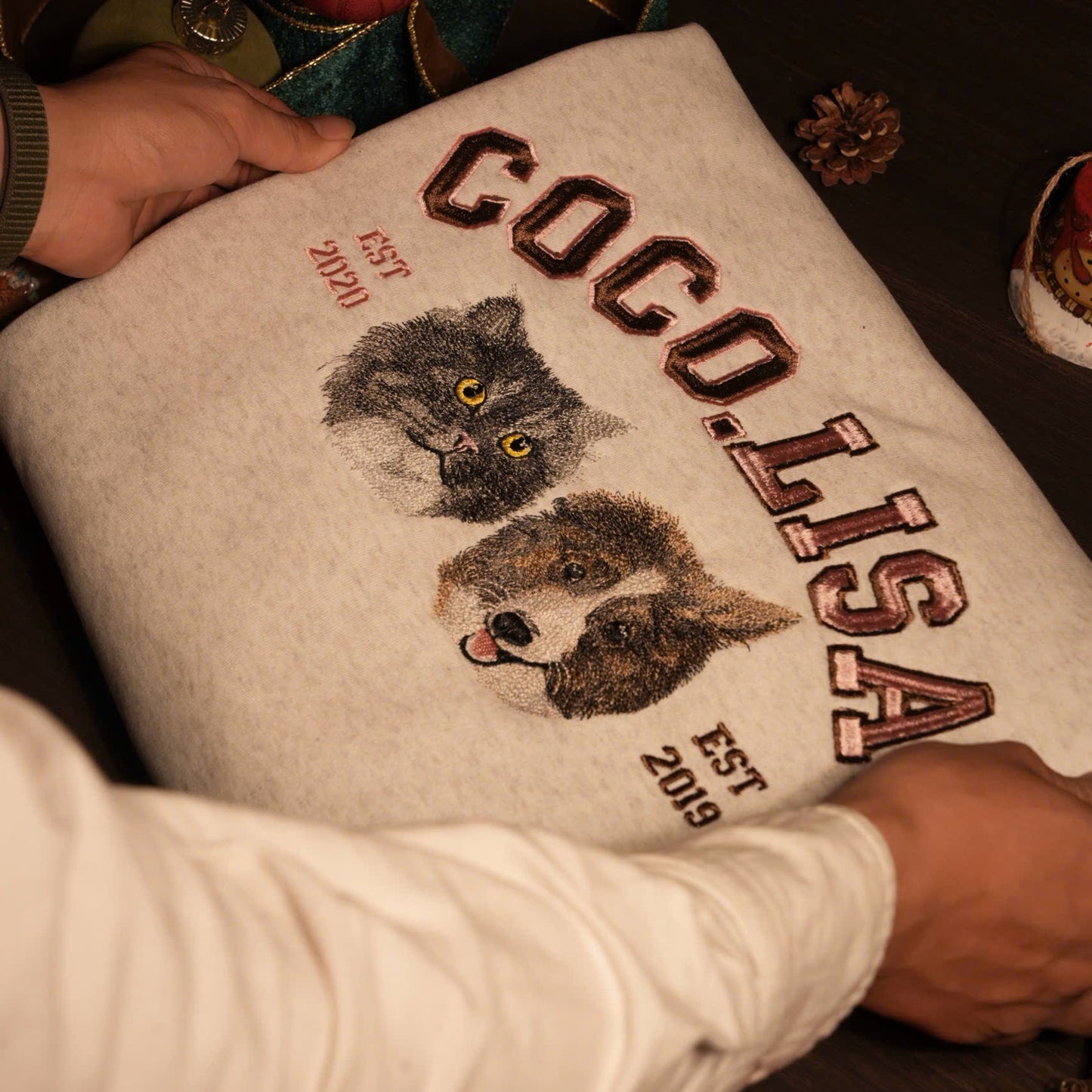 Mẫu thêu hai mặt thú cưng chi tiết chuyển thể từ ảnh+ phối chữ nổi lớn phong cách hoạt họa trên áo sweater trắng tiêu