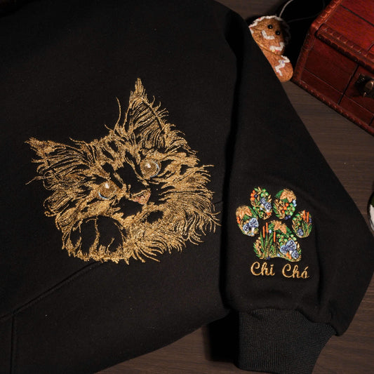 Mẫu thêu mèo cưng chi tiết chuyển thể từ ảnh phong cách line art trên áo Hoodie